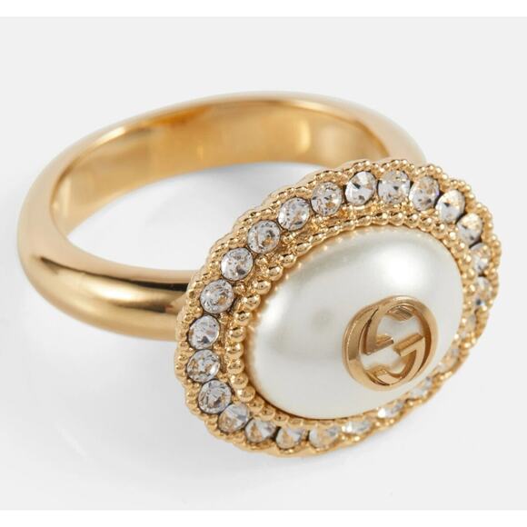 Gucci Interlocking G Faux Pearl Crystal Gold Toned Ring M - Picture 1 of 11